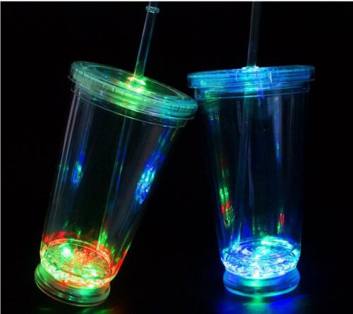 LED Flashing Double Wall Cup with Reusable Straw