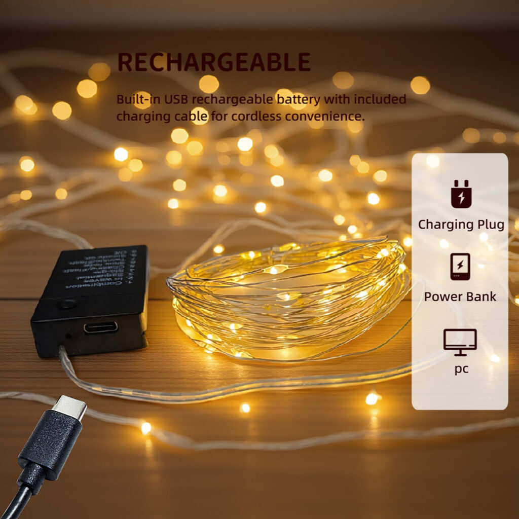 USB-C charging port on rechargeable string lights