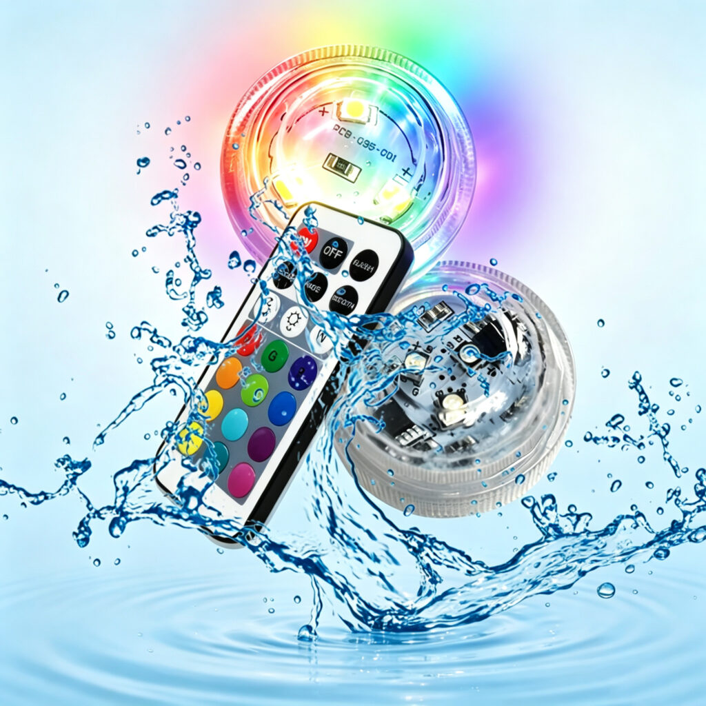 Submersible LED lights with remote control glowing in pool