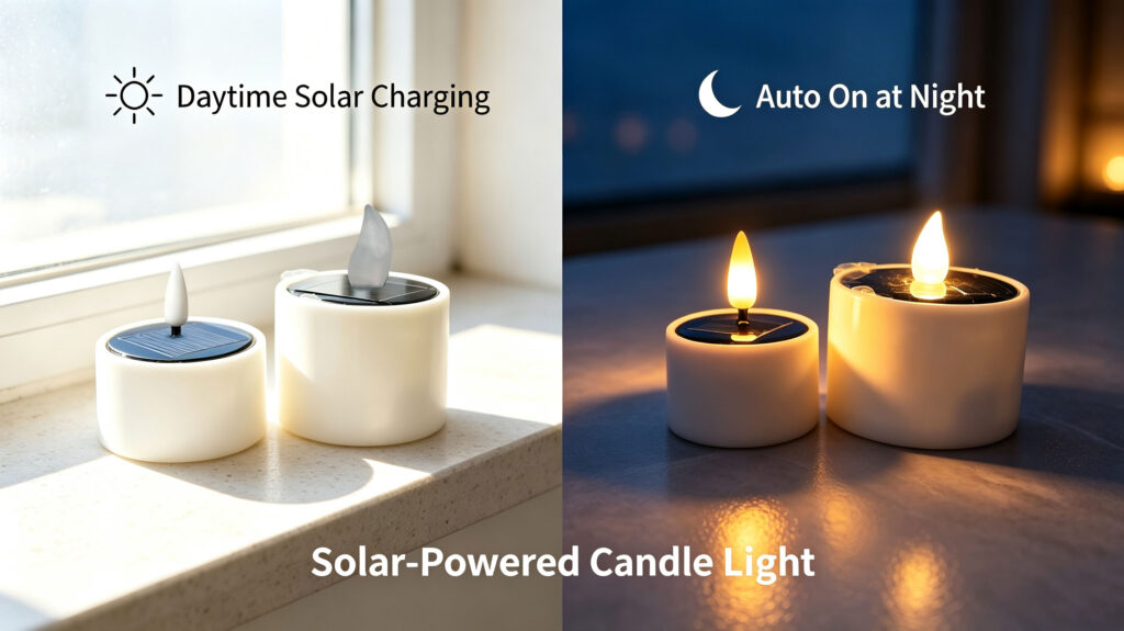 Solar powered flameless candles charging under sunlight