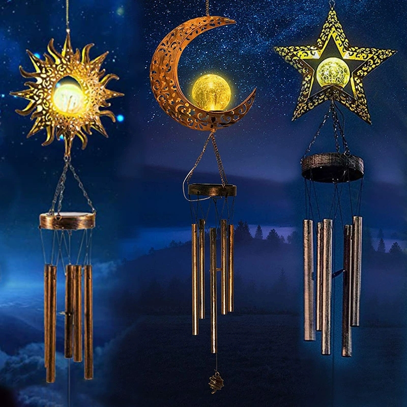 Solar-powered LED lights wind bell with chimes and glow