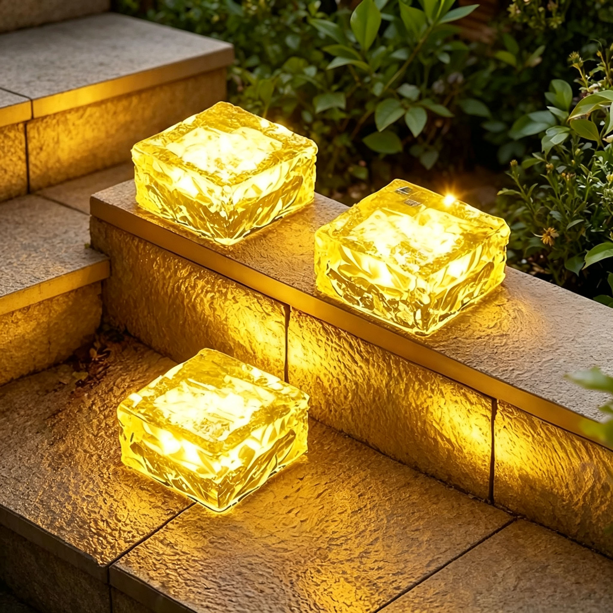 Solar ice cube lights charging in sunlight on windowsill