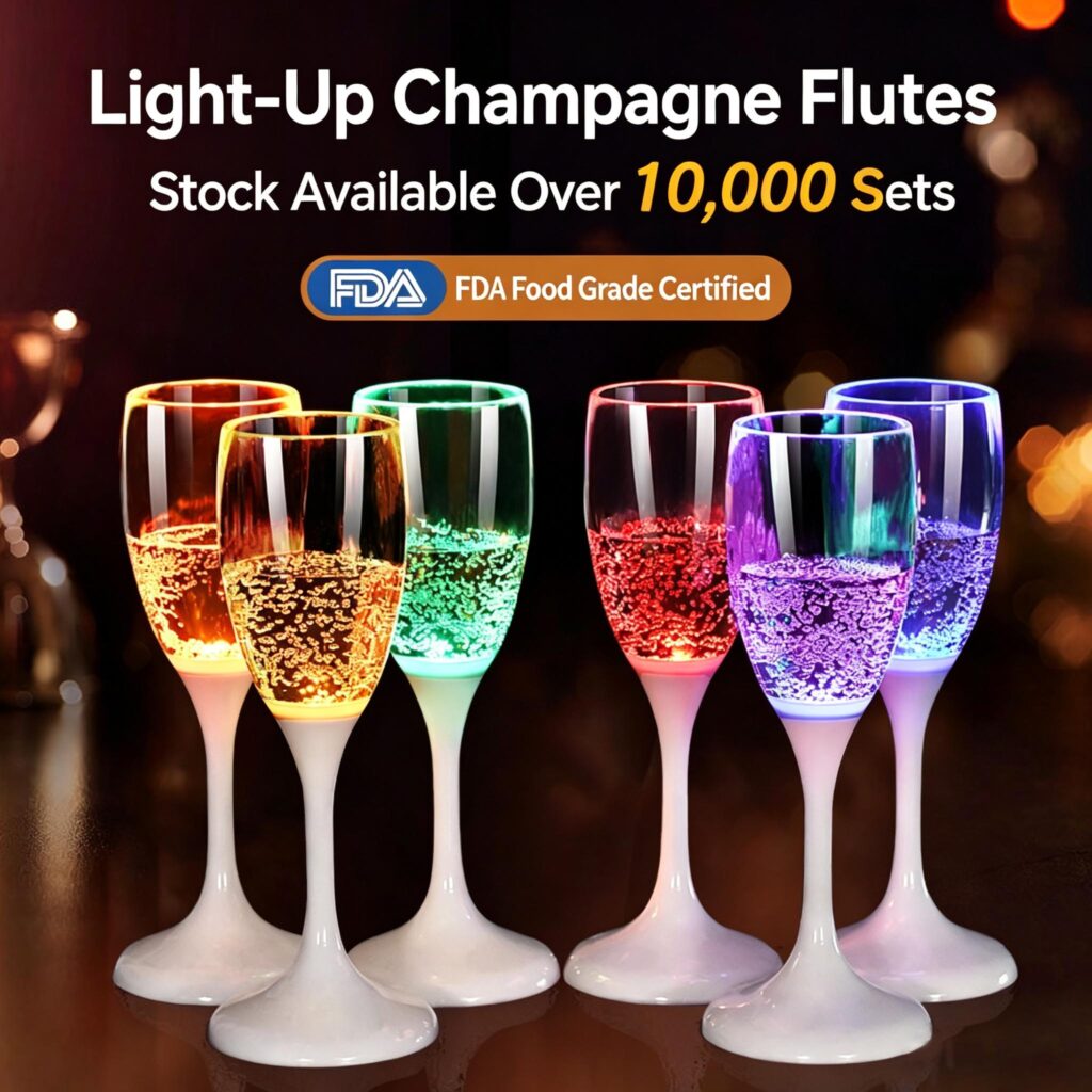 Close-up of illuminated wine glasses glowing with a soft blue light during a wedding toast.