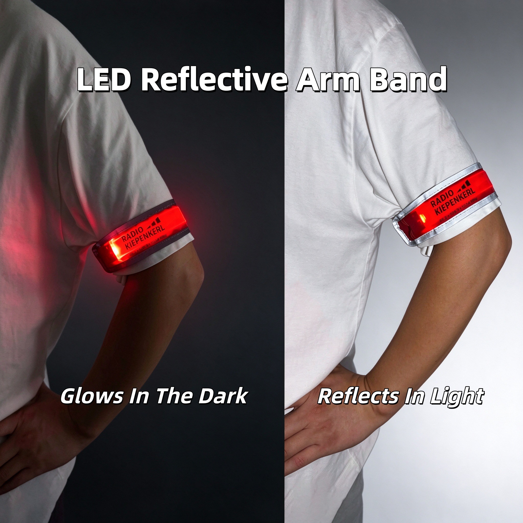 LED arm band with CR2032 battery and reflective edge on arm