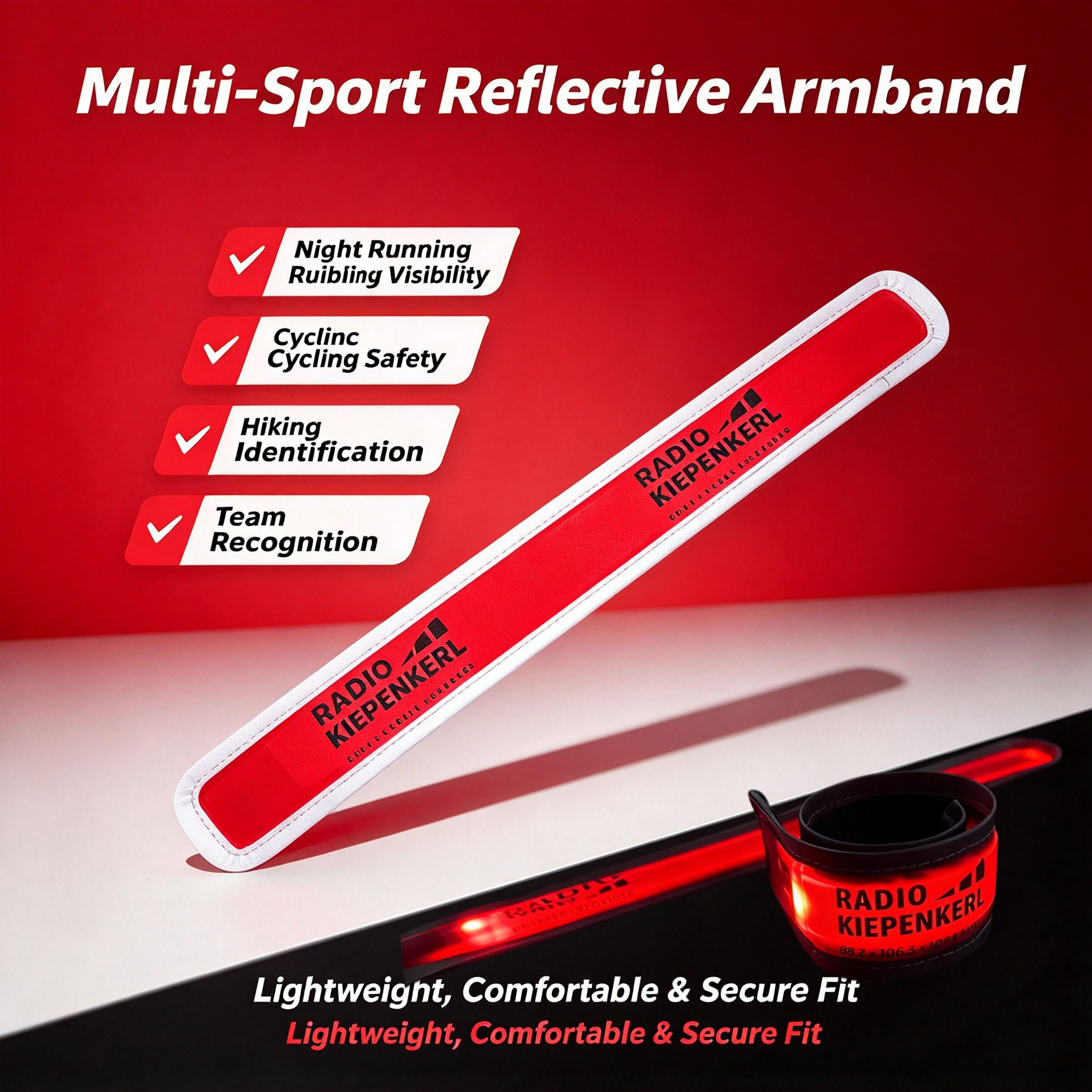 35cm LED arm band strap showing 4.2cm width and CR2032 battery